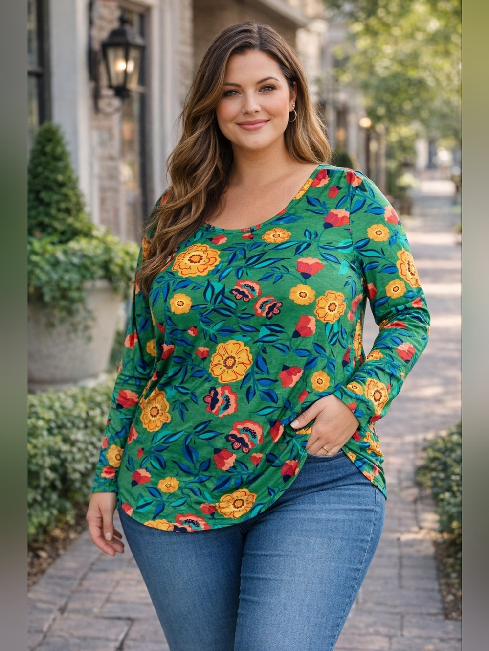 LuLaRoe Lynnae Top 2XL Green Floral Long Sleeve High Low Tunic Plus Size